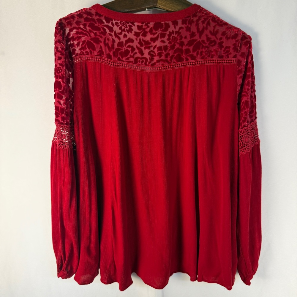 Sundance Red Velvet Burnout and Lace Detail Blouse, Bohemian, Whimsigoth Western - Picture 7 of 12